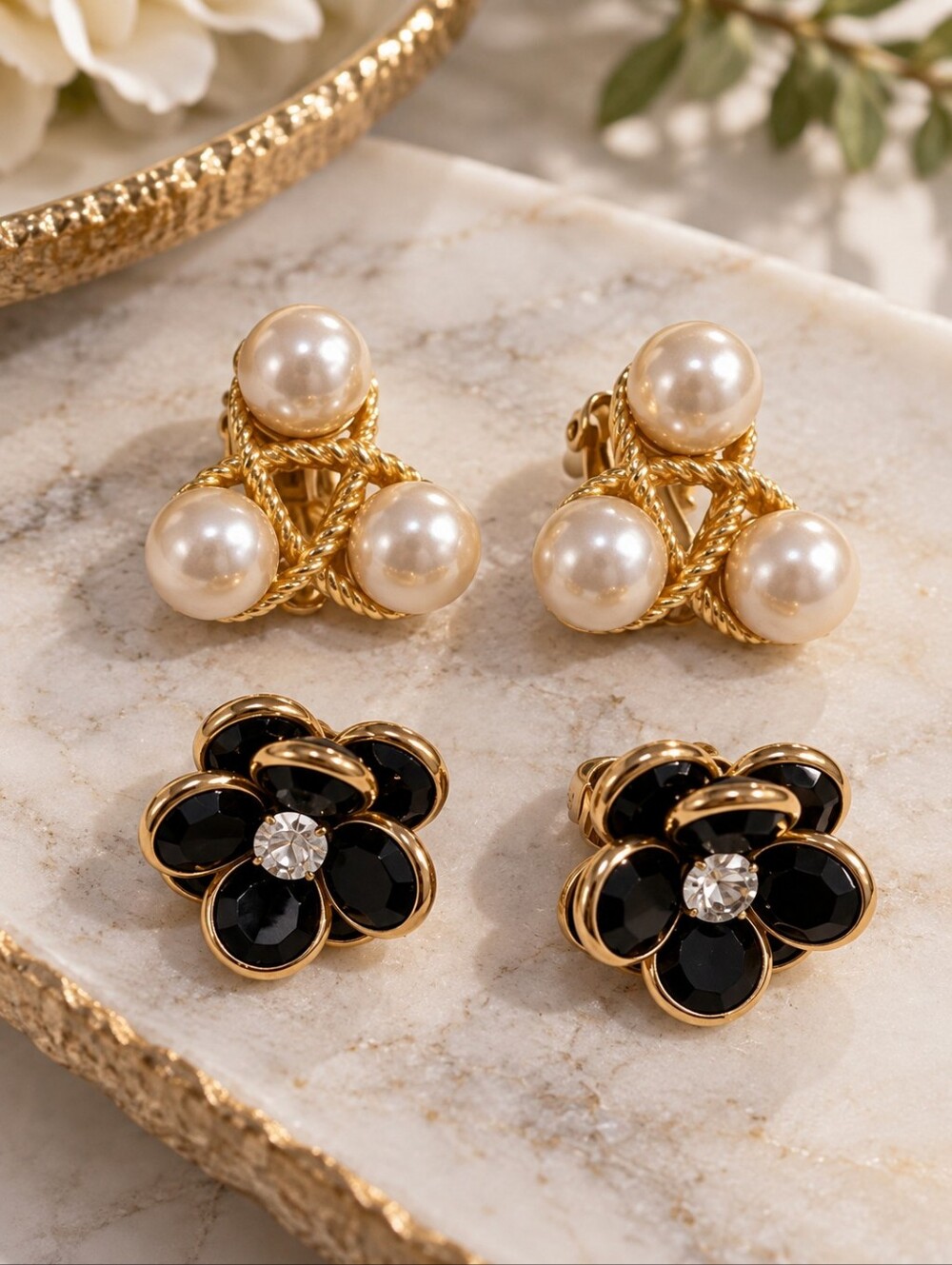 Vintage Clip On Earrings Elegant Gold Black Flower Pearl Gold